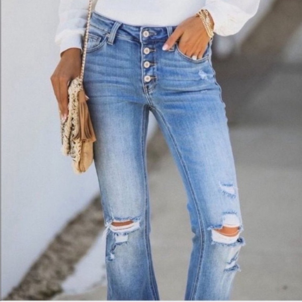 New Kan Can Distressed Button Fly Flare Leg Jeans- NEW WITH TAGS